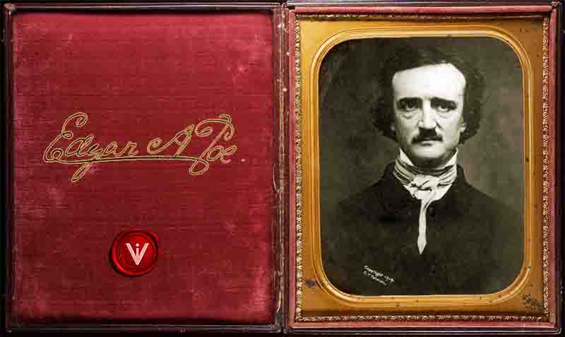 An open, two-paneled daguerreotype case. The left panel is lined in red velvet with 'Edgar A. Poe' in gold script. The right panel holds the 'Ultima Thule' daguerreotype, a black-and-white portrait of Poe taken in Providence on November 9, 1848, by the studio of Masury and Hartshorn. Visual Independence Collectors Edition